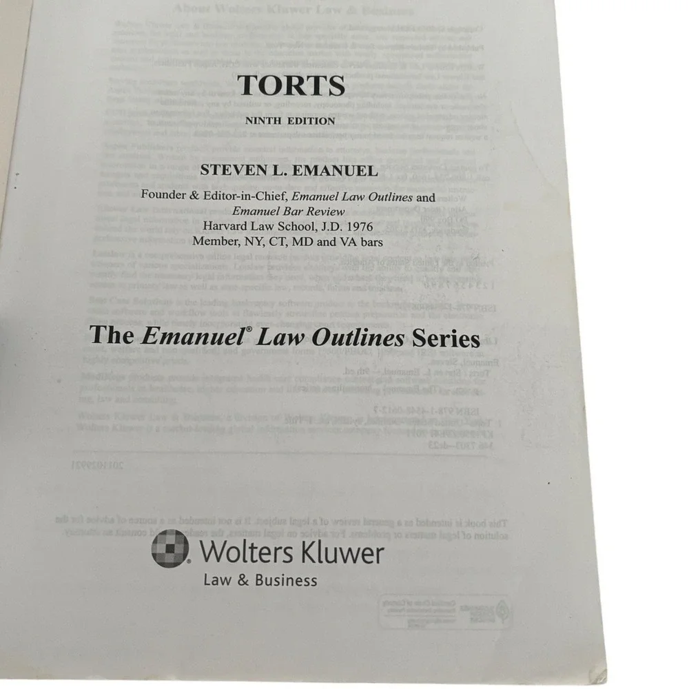 Emanuel Law Outlines Torts Ninth Edition Steven L Emanuel Wolters Kluwer Law